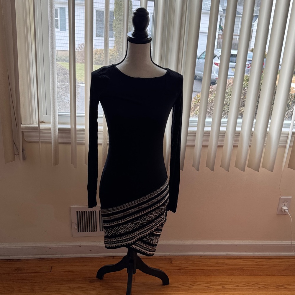 Bailey 44 Black Midi Dress with White Geometric Hem